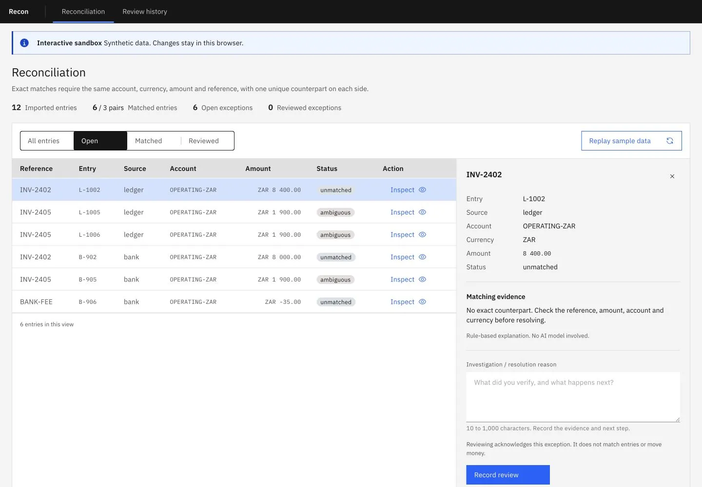 Recon financial workspace with an exception table and inline review panel