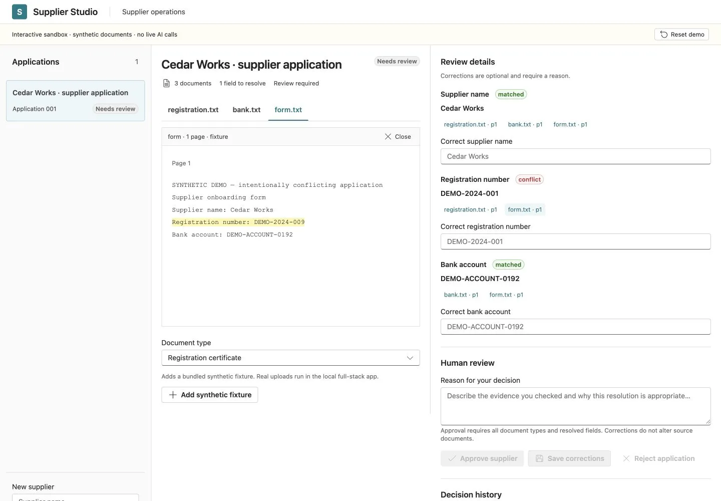 Supplier Studio comparing extracted supplier information with source evidence